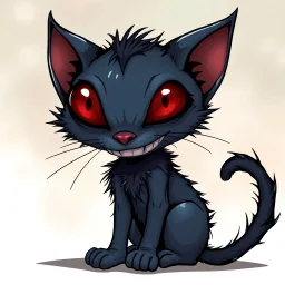 cartoon art from whimsical weird dark blue vampire cat with big head with crepy red eyes, black tail, big smile with sharp teeth, messy body hair, thin little body big paws sitting and looking devilishly, surreal crepy cute style , anime, comics, blur transparent background