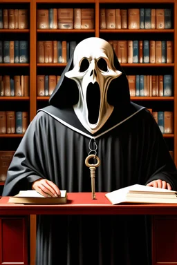 photorealistic ghost of a scholar with a key in a library