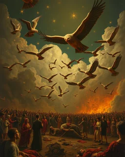 Bosch painting style, nightmare , people suffering in hell , dramatic, great quality picture with cinematic scenes , clouds in the background, many dead bodies are carried by giant birds like stars in the sky ,