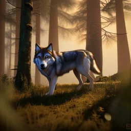  wolf in the forest clearing, dusk