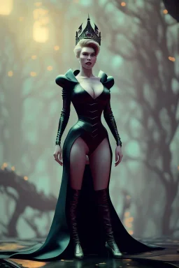 Hannah Waddingham as evil queen in black leather gown standing next to a tiny man, busty, cleavage, voluptous, rebecca Welton, angry, stern look. character design by cory loftis, fenghua zhong, ryohei hase, ismail inceoglu and ruan jia. unreal engine 5, artistic lighting, highly detailed, photorealistic, fantasy