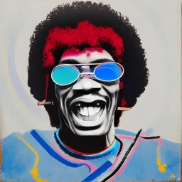 a realistic portrait of Jimi Hendrix at a turntable with headphones on being a DJ, vivid color, with sunglasses