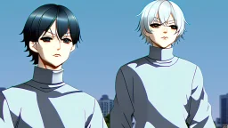 Satoru Gojo is a young tough guy white hair blue eyes black turtleneck without arms white loose pants in a defensive pose