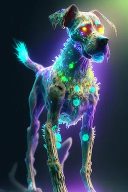 Zombie dog humanoid fused ,extremely detailed,crystal clear, mystical colors ,perfectly centered image, perfect composition, rim light, beautiful lighting, 8k, stunning scene, raytracing