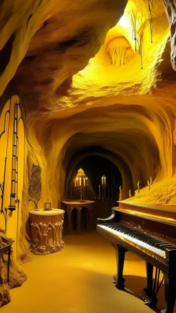 A golden yellow cave with music notes painted by the Limbourg brothers