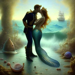 A beautiful portrait of a two mermaid couple kissing , leaning on a ships deck ,Rough sea in the background, a shark,snails, seashells (digitall art by Eugene de Blaas and Ross Tran, vibrant color scheme, highly detailed, in the style of romanticism, cinematic, artstation best quality, realistic lighting, masterpiece portrait, details light dusting , cowboy shot from above, simple chain hauberk Vector art digital illustration 3D shading )