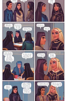 Story comic Illustrated Stories One day, Queen Batoul wassitting with her team called the “Tea Council”. Her team consisted of: - Rauf, her daughter and the hero of the tribe - Professional royal writer - Live Barbie game - Comedian Jim Carrey -Former US President Donald Trump In a large room with wide windows letting in natural light, light colors, plants, modern furniture, and a modern interior design. They were thinking of a new interior design for the palace. Meanwhile, they drank