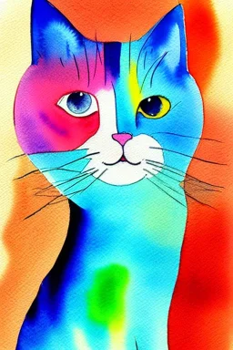 watercolor painting, happy cat, bright color,