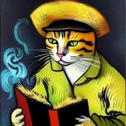 oil portrait of a cat with hat reading a book and smoking a wooden pipe by Van Gogh 8k