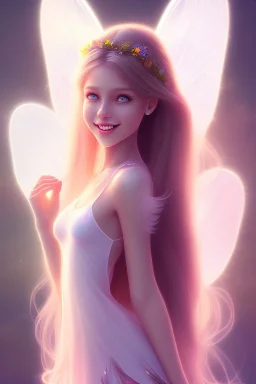 smiling girl, cute, beautiful, long hair, fairy wings, light pastel colors, bright, transparent dress, smile