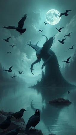 Bosch painting style nightmare , 3D , mysterious creature by the lake from distant view surrounded by black birds, high Quality picture , 8k