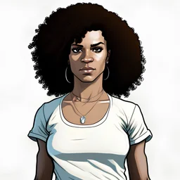 create me a brunette character with afro hair and a white t-shirt gta 5 style illustration looking straight ahead