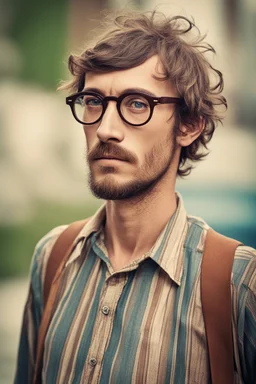 bohemian young ugly, strange not pretty man with Parisian bohemian look and glasses of colours and poor and short short short and poor hair on the head with receding hairline. Farsightedness glasses with big eyes. Shirt beard in the head. Vintage look and feel like photo style-of the 70s