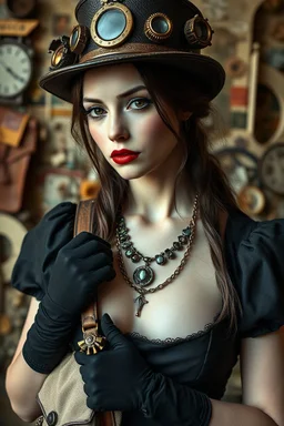 adult, woman, necklace, steampunk hat, delicate features, unique style, pale skin tone, dark eyes, dark lipstick, regal rebell-steampunk dress, dark dress, black elbow gloves, long hair, holding an mecha-cotton bag, ethno steampunk style, whimsical vibe, high detalied, realistic, cinematic, random background
