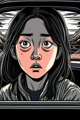 A Chinese person, girl, 18 years old, delicate features, pretty, serious expression, ((((( sitting in a car )))), background car, front view, close focus, horror scene, eerie, dim, 8K, graphic novel sketch, graphic novel style, 2D effect, flat colors, gloomy drawing style