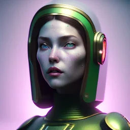 woman, irish, green, heavily made up face, round helmet, decorative feathers, retro futuristic, latex coat, soft color, highly detailed, art stations, concept art, smooth, unreal engine 5, god rays, ray tracing, RTX, lumen lighting, ultra detail, volumetric lighting, 3d, finely drawn, high definition, high resolution.