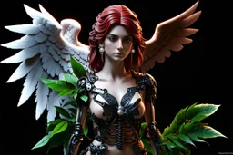 3D render ultra detailed of a beautiful angel, from knee to head, biomechanical cyborg, analog, 35 mm lens, beautiful natural soft rim light, big leaves and stems, roots, fine foliage lace, colorful details, samourai, pearl earring, heavely tattoed, intricate details, mesh wire, mandelbrot fractal, facial muscles, cable wires, microchip, badass, hyper realistic, ultra detailed, octane render, volumetric lighting, 8k post-production, red and white, detailled metalic bones, semi human, by Glenn Br
