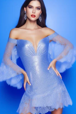 young, beautiful brunette with a perfect angry face, wearing blue silver lace off shoulder dress, standing in a modern stage with nice dancing lights.