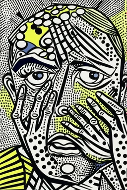 tribal man in grief with hands on face crazy shapes pencil draw style of roy lichtenstein