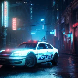 Cyberpunk,police car in night city on the rain unreal engine 5, octane render,cinema4d, dynamic lighting, 8k, redshift render, highly, hyperrealism ultra realistic, hyper realistic.