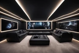 a black themed dedicated home cinema room with LED ambient lighting in the walls make sure the room is completely symmetrical