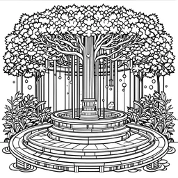 a water fountain where water flows through glowing, luminescent petals, modern 2050 YEAR architecture, Clister crisp clear lines, clean line art, line art, Black and white coloring page, for adult, adperfect shape, each image separate model treehouse, realistic, unique, unique style, masterpiece, variation, clean coloring page, vector coloring book illustration, no shading, only draw outlines, crisp, full page, use up the entire screen,