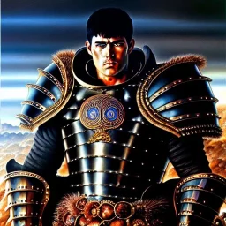 portrait of 'Guts-Berserk',ancient metal armor,painting by Earl Norem, simon Bisley, evan lee, 86-86, oil on canvas, cinematic composition, extreme detail,fit full head inside picture,8k