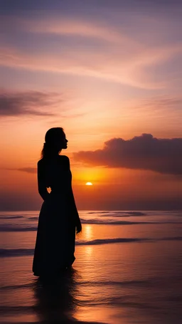 a silhouette of a woman against a breathtaking sunset by the sea. Emphasize the warm tones of the sunset and the serene beauty of the woman as she gazes out over the horizon