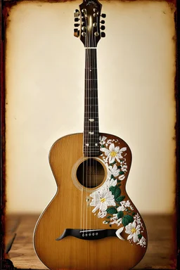 Une guitare avec des fleurs brodees, , tintype