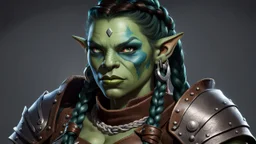 generate a dungeons and dragons character portrait of a female orc. She has green skin, black braided hair and blue eyes. She is wearing brown leather armour.