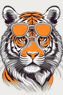 TIGER wearing sunglasses, Style: Retro 80s, Mood: Groovy, T-shirt design graphic, vector, contour, white background.