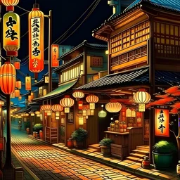 Utagawa Hiroshige, japanese traditional art, japanes village street, neon lights, ramen bar, lanterns, shop signs, night time, beautiful scenery