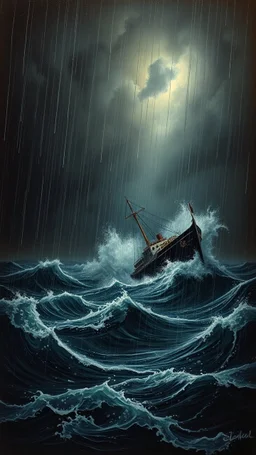 Rain and storm in an ocean with high waves , a big ship is sinking , Bosch painting style, nightmare , all In dark brown background