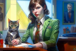 kitten brunette woman secret agent joker in an office in sunshine, very detailed, oil painting