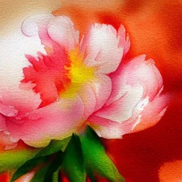 watercolor of a peony, warm colors, water color streaks and splashes, minimalist, in the style of turner, white space