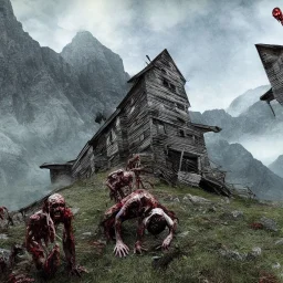zombies crawling up a mountain, mountain hut, realistic, movie style, digital art