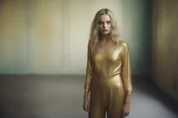 Margot robbie, without a face, , hippie girl, gold body in a liminal empty room, old autochrome