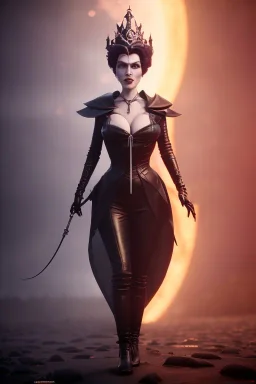 Lene Nystrøm as evil queen in black leather, busty, cleavage, voluptuous, Aqua Lene, angry, stern look. character design by cory loftis, fenghua zhong, ryohei hase, ismail inceoglu and ruan jia. unreal engine 5, artistic lighting, highly detailed, photorealistic, fantasy