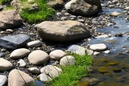 River, stones, flowers