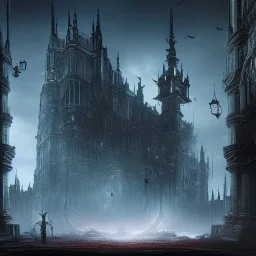 hyper realistic Bloodborne cityscape at night