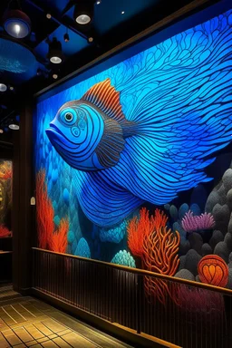 Project dynamic visuals of Mandarin Fish swimming and interacting with the textile elements onto the walls and hanging sculptures. Ensure that the projections seamlessly integrate with the textile materials to create a cohesive visual experience.