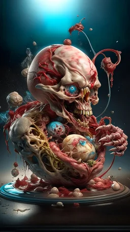 cinematic gore Bosch vs Dali style photorealistic photo of a mangled embryo wearing a Himalayan shaman mask, wrestling itself in a sinewy fleshy soul vortex, anatomically fragmented, ripped apart again being flayed, skinned alive beating heart, muscles, blood vessels, bowels, entrails, capillaries, oozing puss are exposed. Visceral anatomy. physiology. The xenomorphs face and body opens with a zipper. Bosch and Dali inspired hallucinations. mythology. grotesque.