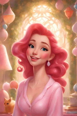 Portrait of gorgeus Princess Ariel wearing half pijamas,D&D character,in her room,white/pink pijamas, by CGSociety and Tim Burton and Pixar , sunny background, Rebecca Sugar. Beautiful eyes, glossy lips. Full body view, sparkling smile. A detailed painting