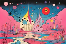 Extinguished by light turn on the night, turning the inside out, Style by Gerald Scarfe, by Jon Burgerman, by Joan Miro, surreal masterpiece, text "Pink Floyd" Album art, color ink illustration, sharp focus, maximalist, muted colors, smooth