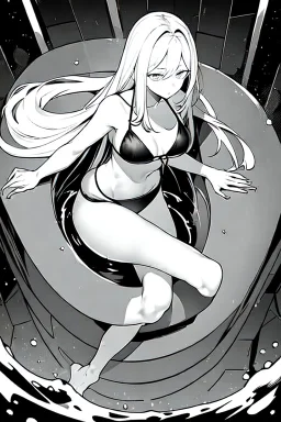 bikini long hair thin girl with leg in abyss pool, greyscale, cool pose, screen tones