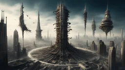 a stunningly weird image of a futuristic tall tower metropolis using Salvador Dali's paranoiac-critical method, where buildings and structures appear to melt into the skyline cityscape is filled with floating mad, twisted sharp metal shapes that interact with the buildings and each other, forming a surreal tableau of a dreamlike reality. neu-steampunk vibe, essence of the scene in a cinematic manner, with dramatic shadows , perspectives and bizarre, futuristic surreal