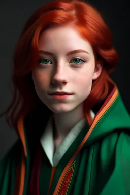 A girl with red hair and green eyes and she is wearing a Hogwarts robe