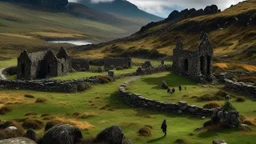 Scottish highlands, with lone bagpipers playing among stone ruins.