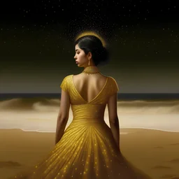 (Masterpiece1:5) By( Stinkfish:Polixeni Papapetrou1.5) (highest quality) (ultradetailed:1.5),bright Foreground with (gold sparkles floating Intricately through the painting:1.5),attractive and content black haired woman 😇, the beach with snoot lighting is the defining light source,gold dress melting into the sand 😅),dreamlike, (surreal:0.5) beach with soft sand, High contrasts, vibrant colors, flawless Composition,Soft Lighting Create Depth Of Field. accentuates the beauty of the