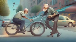 dumn bald old man rides bike across the street and gets hit by a car